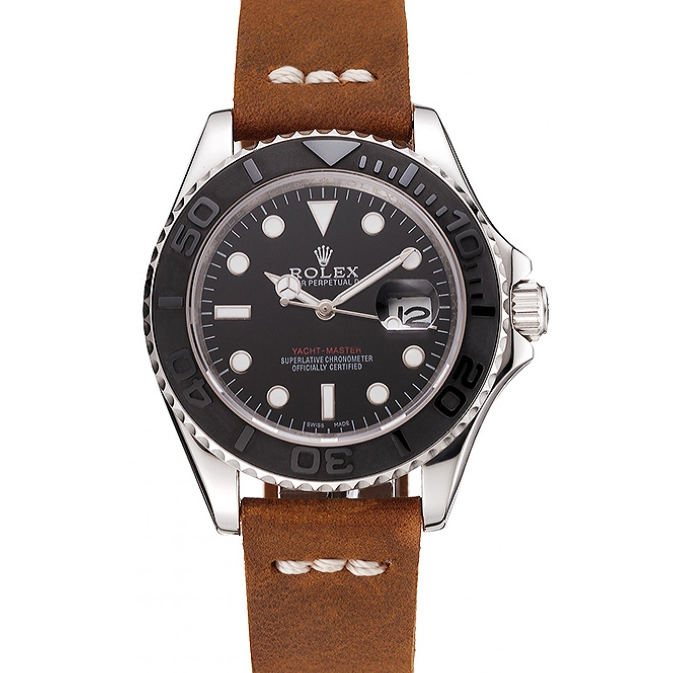 Aaa replica Black Dial Bracelet Rolex 1453859 Brown Silver Leather Yacht Master Case 0807